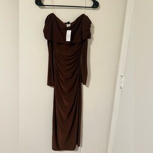Windsor Chocolate Brown Off-Shoulder Long Sleeve Draped Maxi Dress